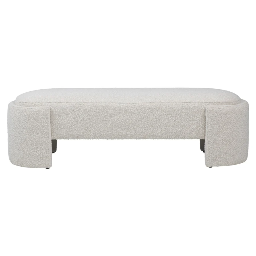 Bench by Dovetail in off-white bouclé fabric with a low-profile elongated oval silhouette and two curved end panels