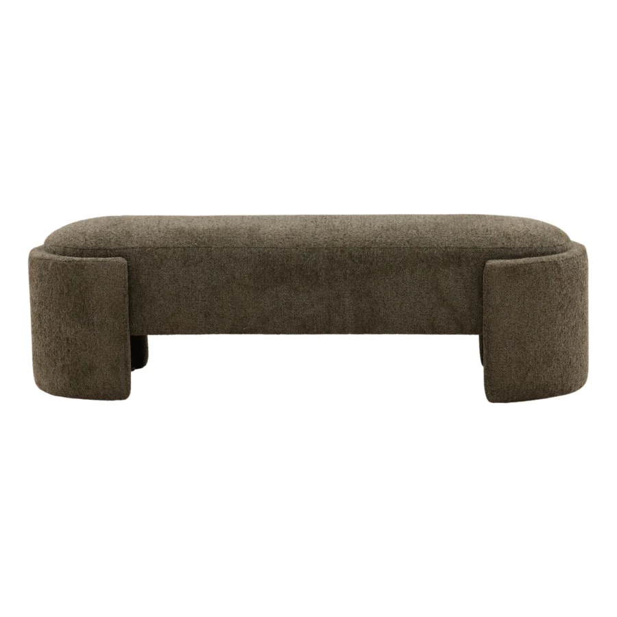 Bench by Dovetail in dark earthy brown nubby upholstery with a low profile elongated silhouette and rounded solid supports