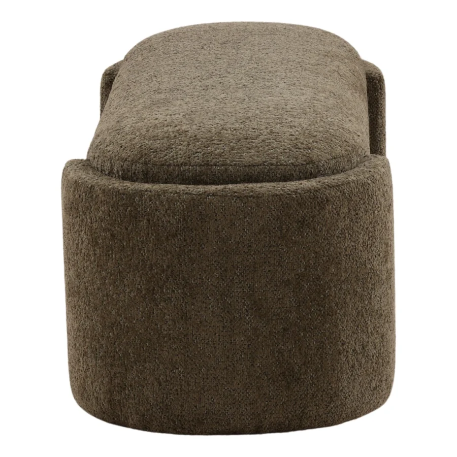 Bench by Dovetail featuring upholstery in a medium brown boucle fabric finish with low proportions and solid rounded base