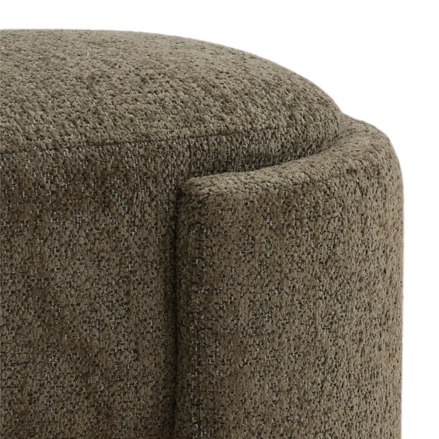 Bench by Dovetail Casa in multi-tonal taupe boucle upholstery with vertical channel-tufted panels and padded base unit