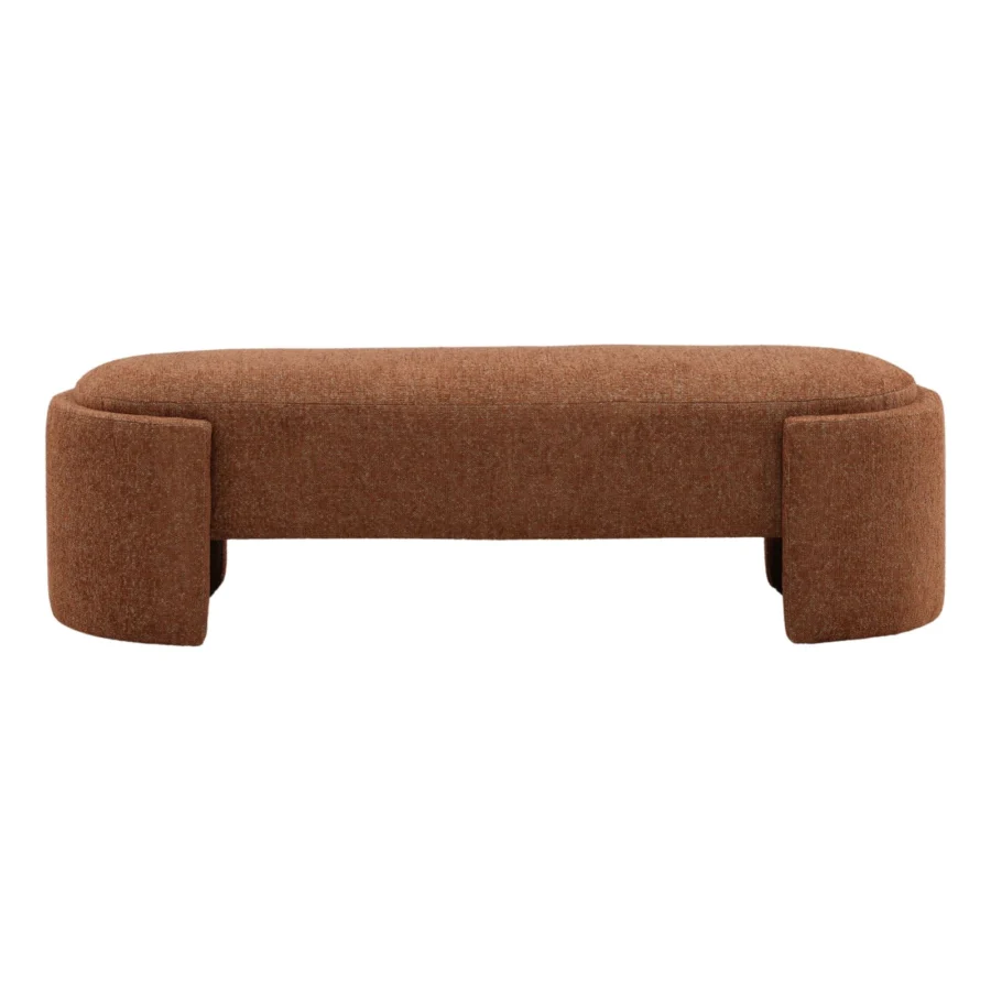 Bench by Dovetail in terracotta textured upholstery with a minimalist monolithic silhouette and rounded cylindrical ends