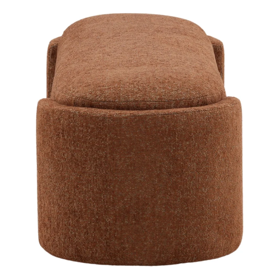 Bench by Dovetail featuring medium brown and golden tweed upholstery in a low geometric rounded structure
