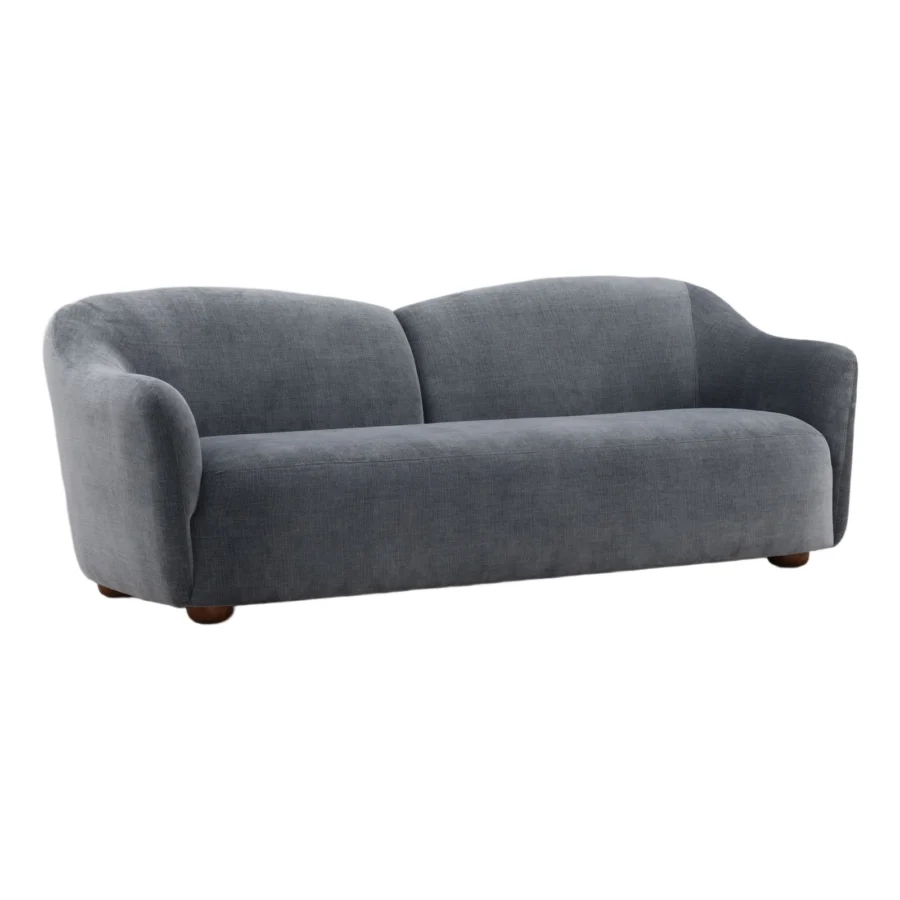 Sofa by Dovetail Francesca in dark grey polyester upholstery with a hardwood frame and polished wood feet, curved base
