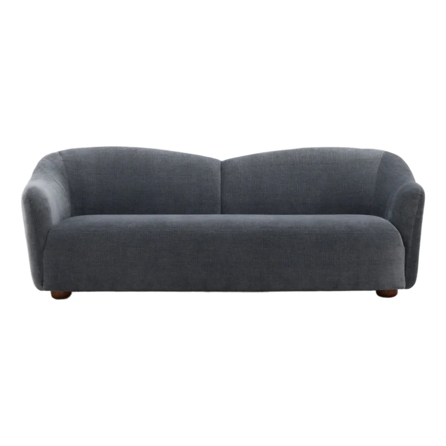 Sofa by Dovetail Francesca in charcoal polyester upholstery with hardwood frame and dark brown wooden feet, curved shape