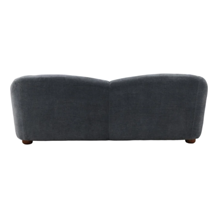 Sofa by Dovetail in dark gray polyester upholstery with a scalloped backrest, curved silhouette and rounded wood feet