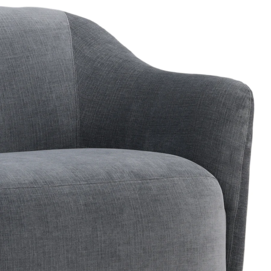 Sofa by Dovetail in charcoal gray textured weave upholstery, featuring low profile curved silhouette and rounded armrests
