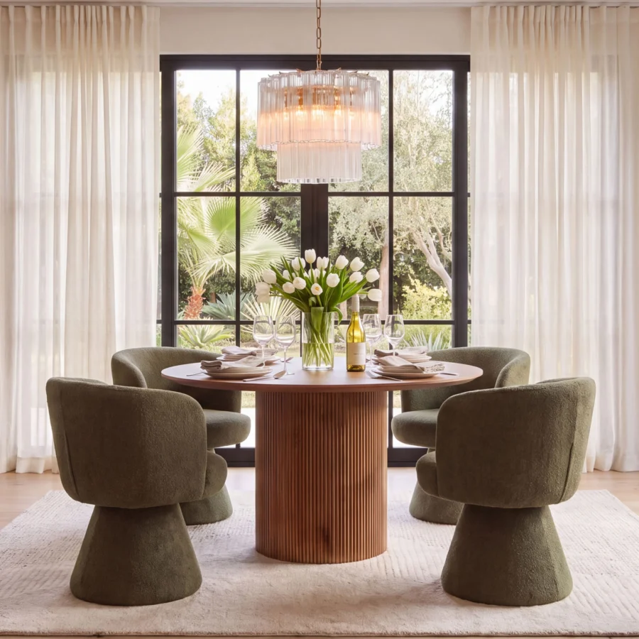 Chair by Dovetail in textured green polyester fabric featuring a swivel base and shell silhouette