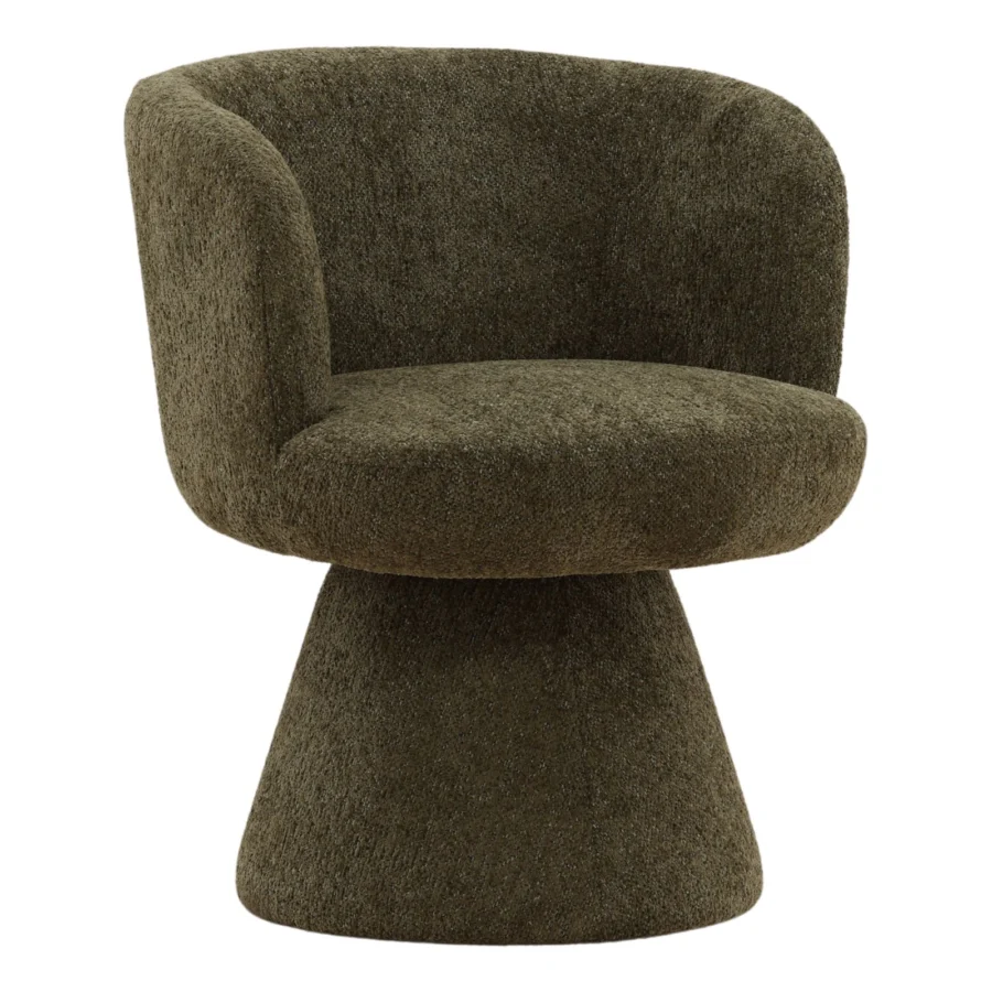 Dining chair by Dovetail Omaira in dark olive green textured polyester upholstery with a curved backrest and swivel base