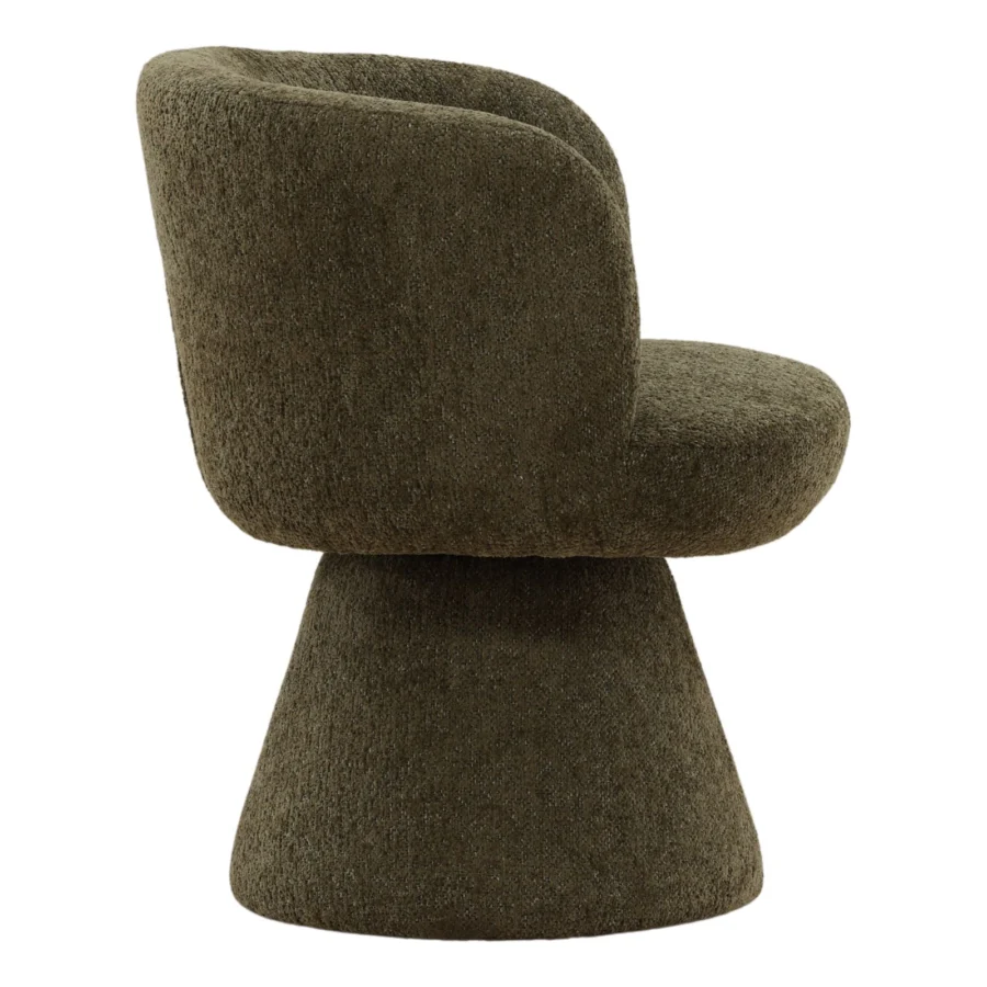 Dining chair by Dovetail Omaira in dark olive green polyester upholstery featuring a curved barrel shape with swivel base