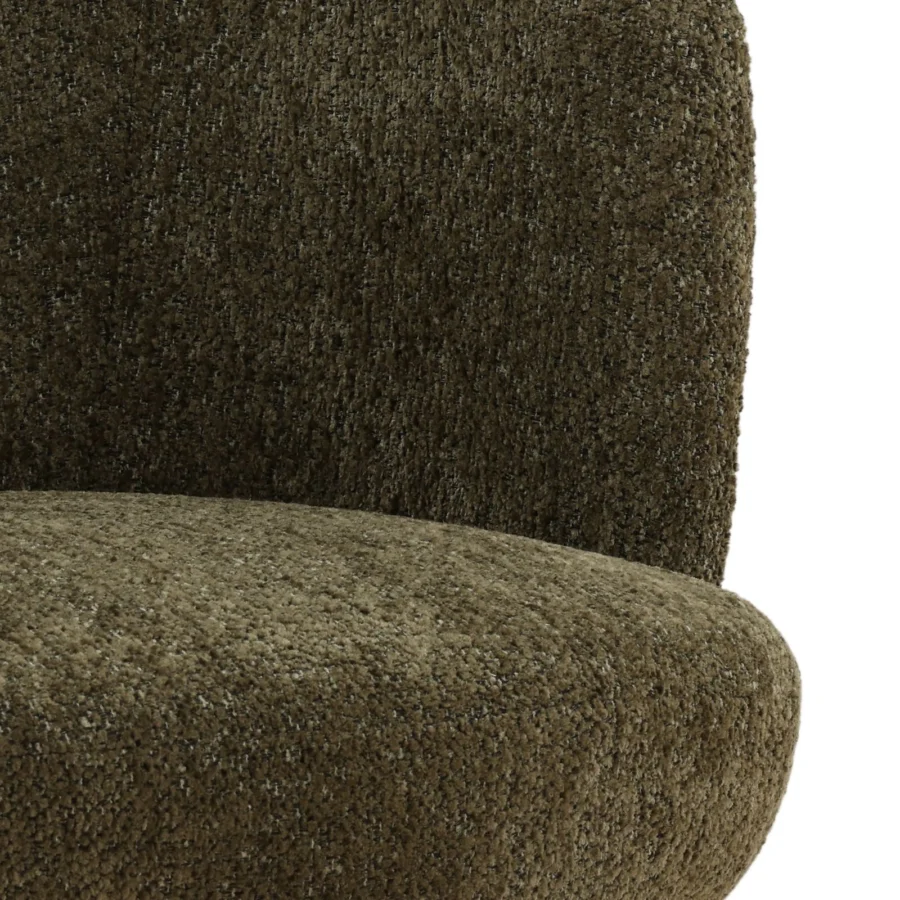 Dining chair by Dovetail in olive green polyester bouclé fabric featuring a swivel base and rounded backrest