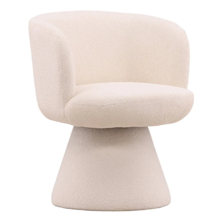 Dining chair by Dovetail Omaira featuring off-white boucle polyester upholstery, curved barrel frame, and pedestal swivel base
