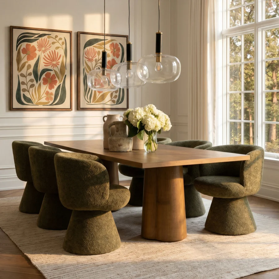 Dining chair by Dovetail in olive green bouclé polyester upholstery with matte finish, swivel base and barrel silhouette