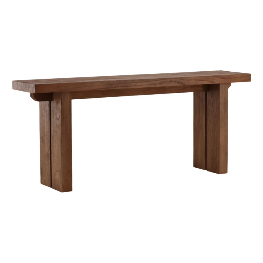 Console table by Dovetail in mindi wood featuring a brown finish and matte texture highlighting grain