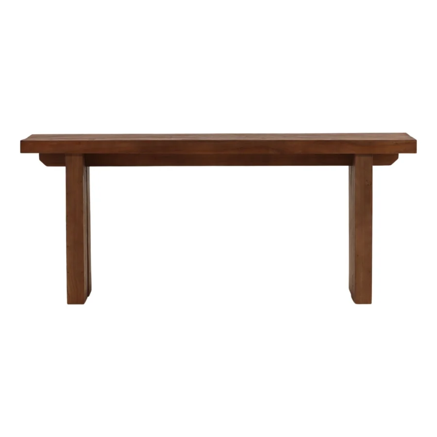 Console table by Dovetail Avira in mindi wood with a rich brown finish that highlights natural grain and rectangular form