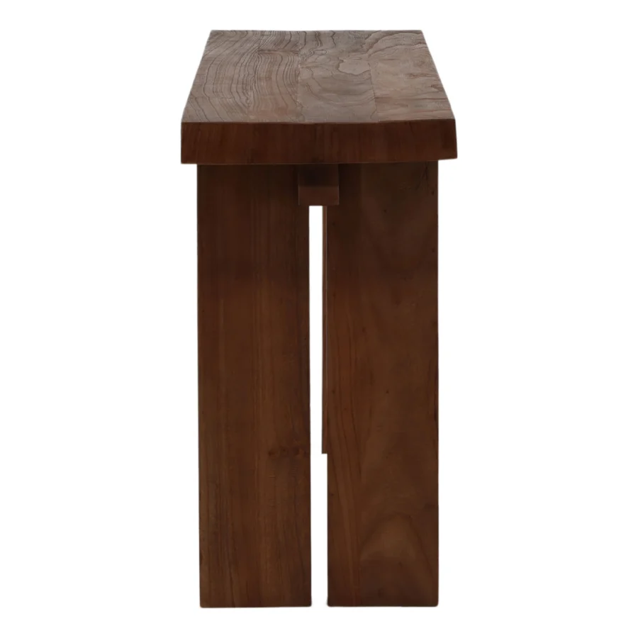 Console table by Dovetail Avira in mindi wood with a rich brown matte finish and wide bifurcated slab legs