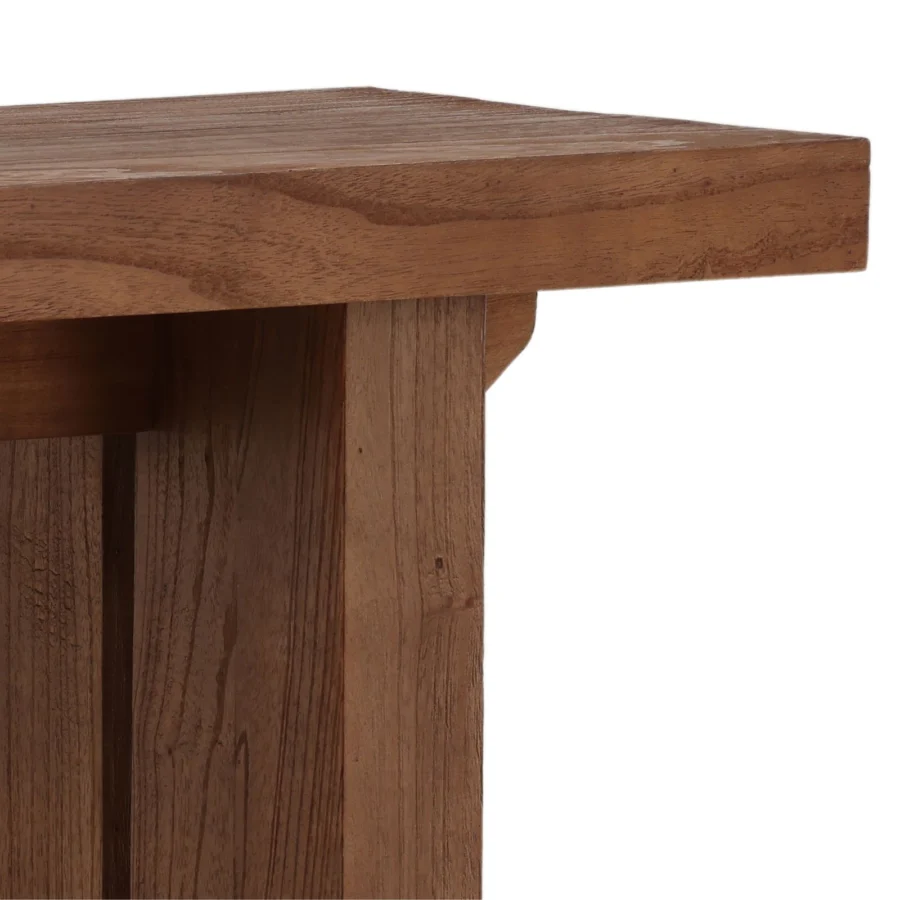 Console table by Dovetail Avira in mindi wood with a rich brown finish, featuring rectangular proportions, satin surface
