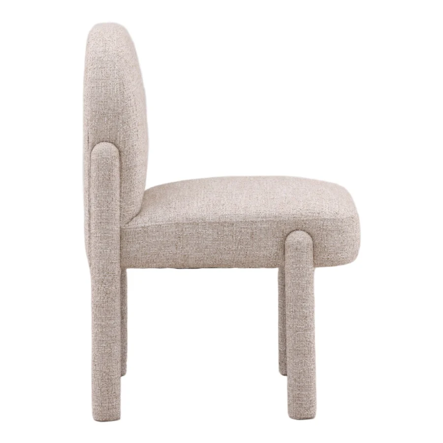 Dining chair by Dovetail in light beige textured polyester acrylic linen blend with geometric silhouette and legs