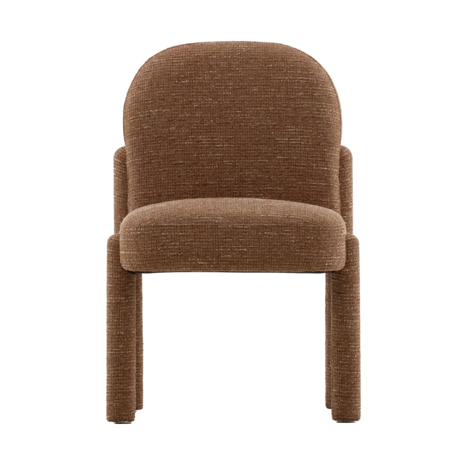 Dining chair by Dovetail Sans in textured polyester acrylic linen blend with medium brown heathered finish and armrests