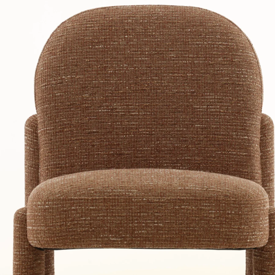 Armchair by Dovetail Sans in medium brown tweed woven upholstery with tall arched backrest and thick horizontal cushion
