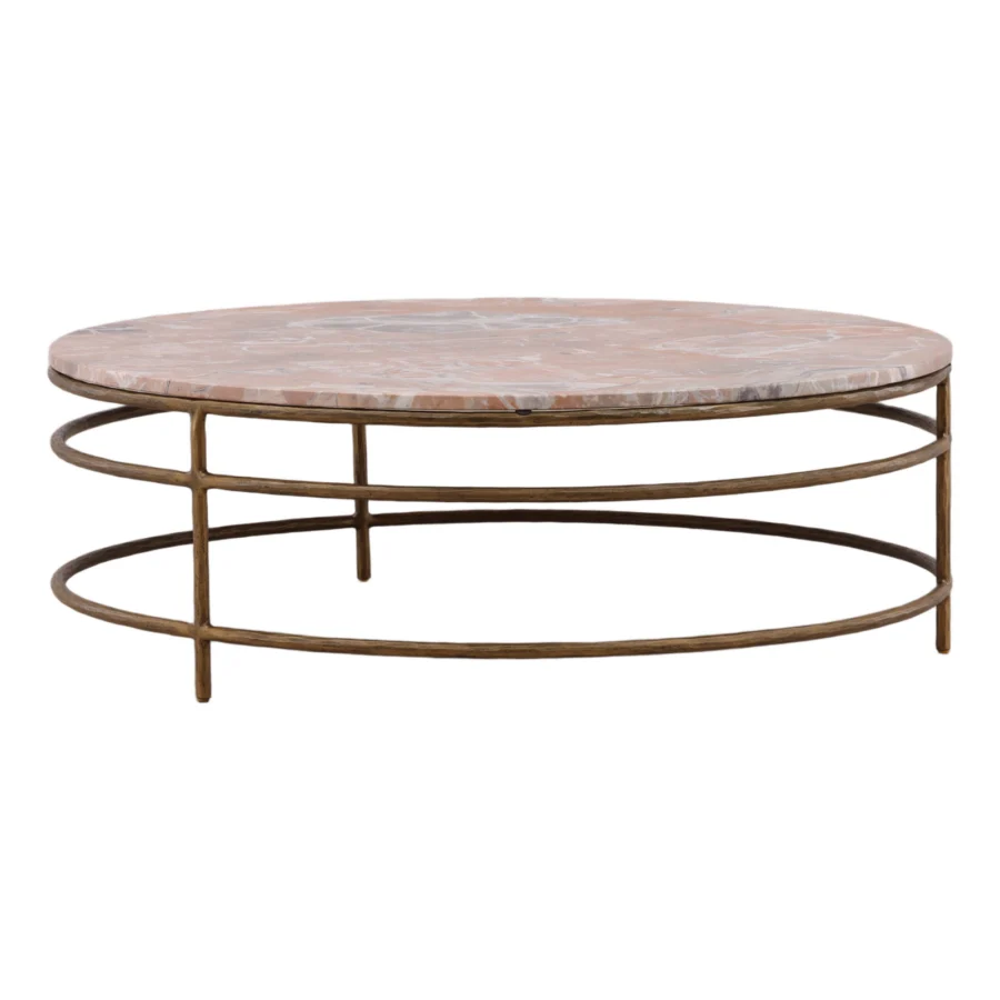 Coffee table by Dovetail with a pinkish-brown marble top and an antique brass metal base featuring concentric ring forms