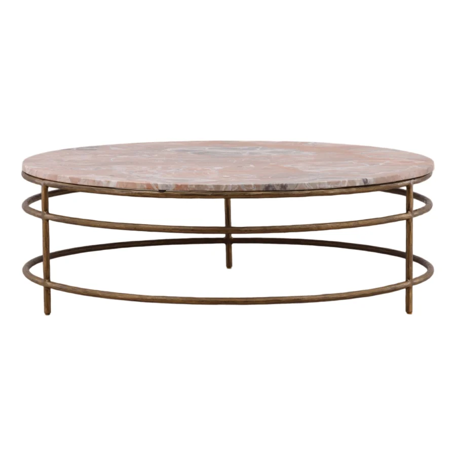 Coffee table by Dovetail featuring a pink salmon marble top, grey veins, antique bronze tone metal base, open frame structure