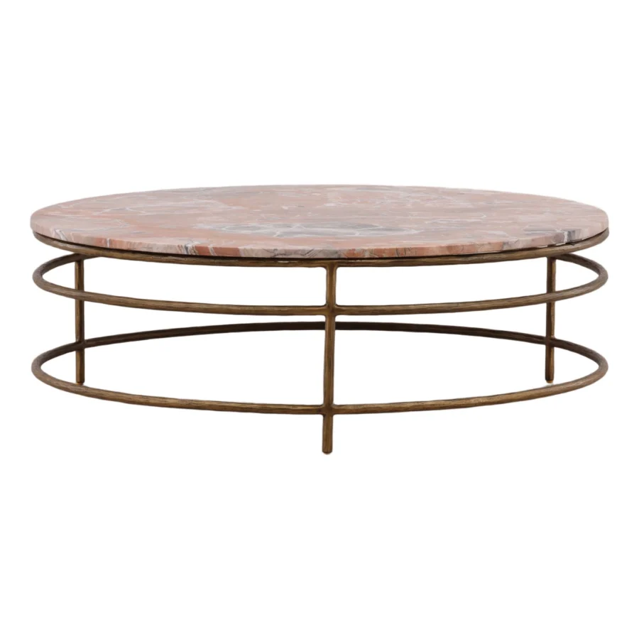 Coffee table by Dovetail with a circular pinkish-red marble top and a brushed dark brass metal frame in curved supports