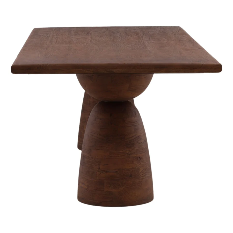 Dining table by Dovetail in solid mango wood with matte finish, square top on a sculptural central pedestal base unit