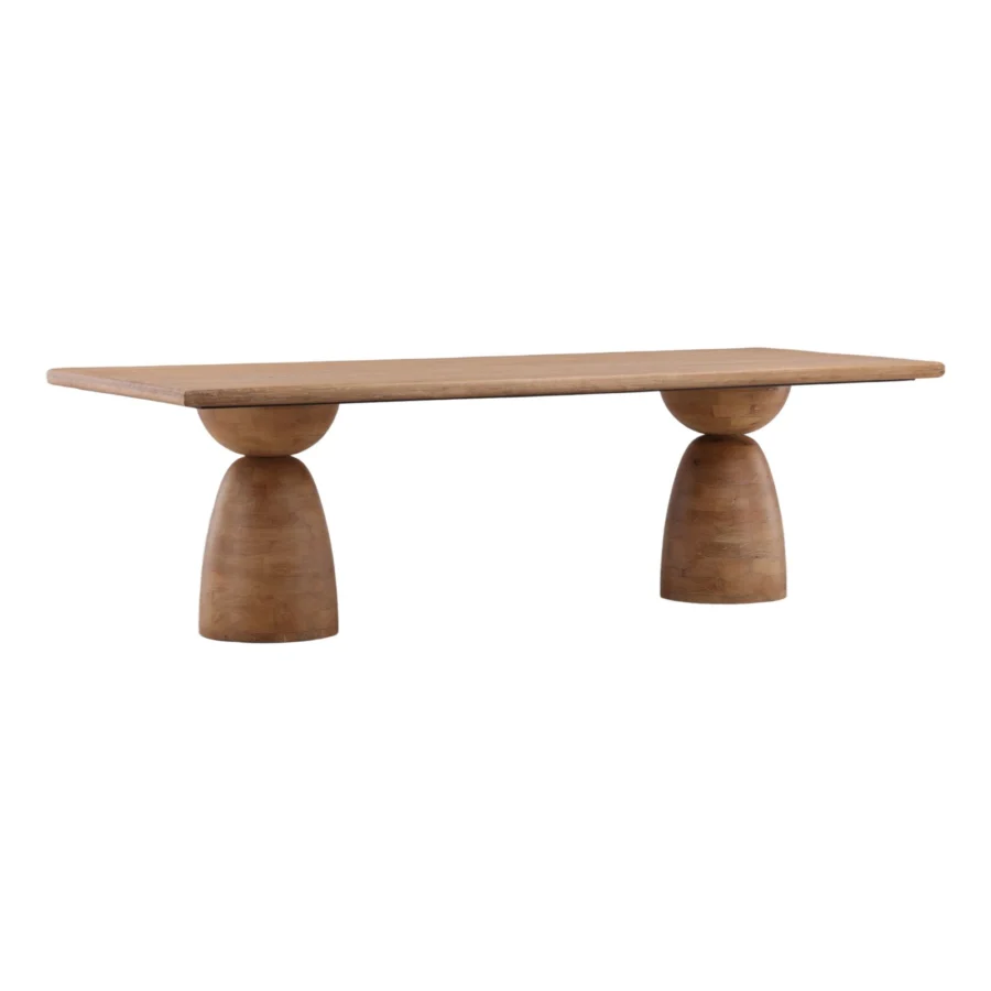 Dining table by Dovetail in medium brown mango wood with matte finish, supported by two sculptural stacked pedestals