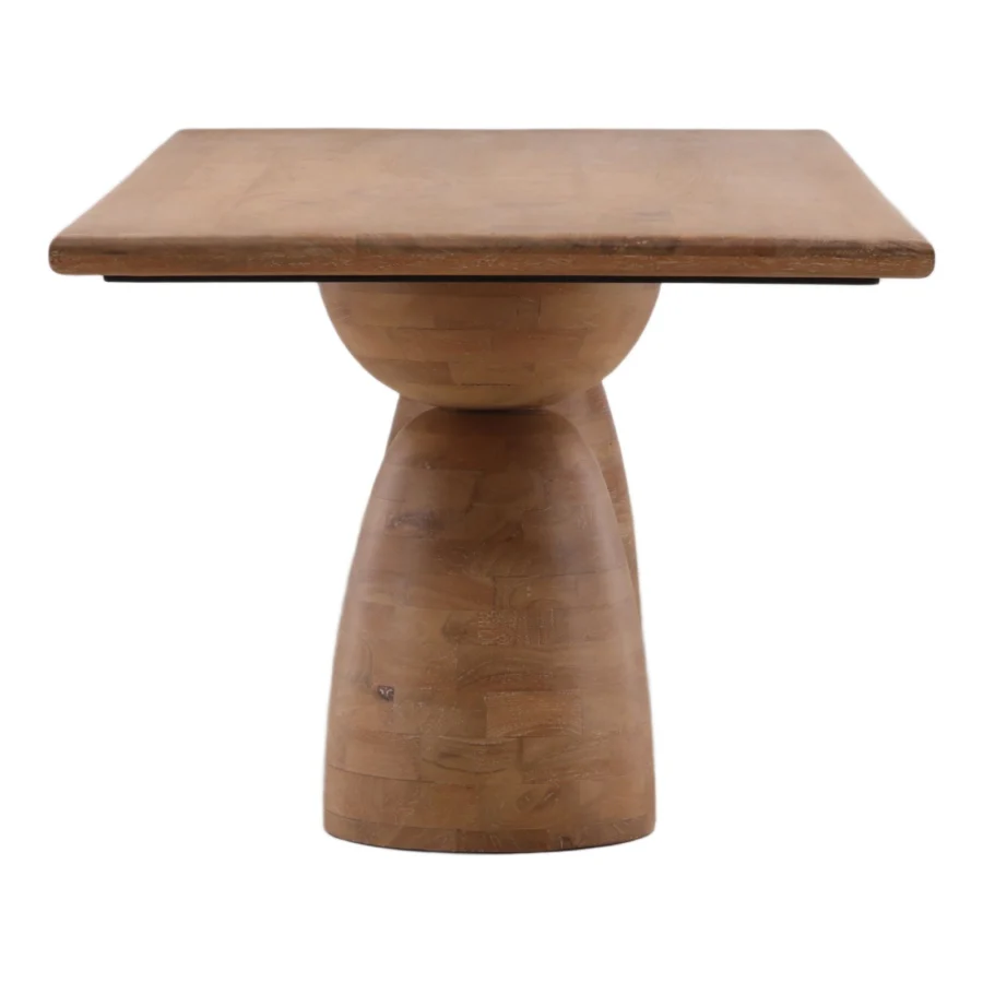 Dining table by Dovetail in mango wood with medium brown matte finish, square top surface and bulky geometric pedestal