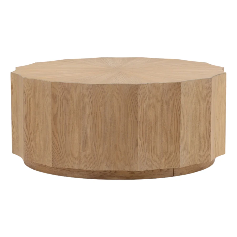 Coffee table by Dovetail in rubber wood and oak veneer with matte light natural finish, drum shape and scalloped facets