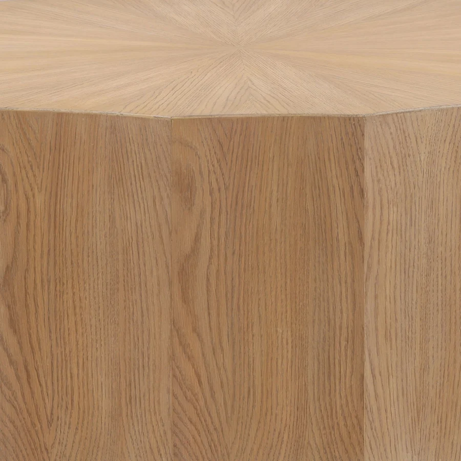 Coffee table by Dovetail Tamsin in rubber wood and oak veneer with matte finish, geometric base plus sunburst grain top