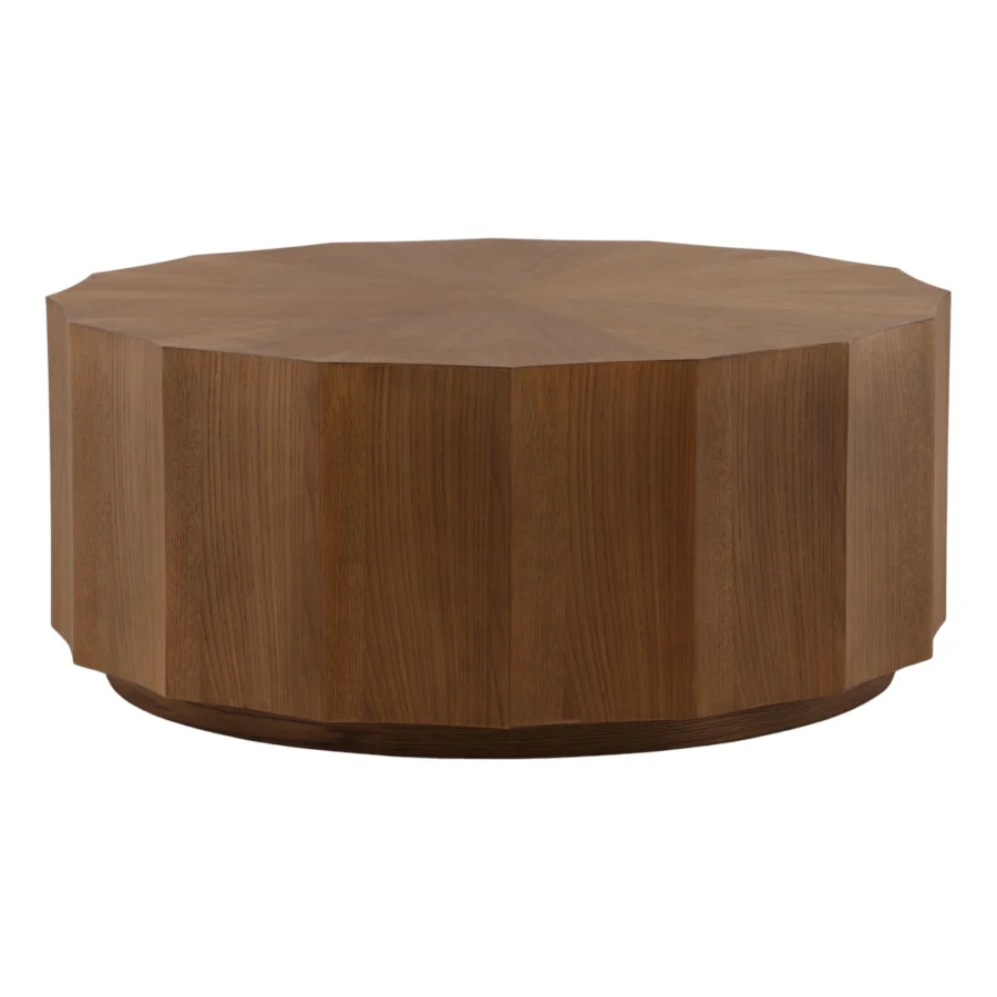 Coffee table by Dovetail in rubber wood and oak veneer with matte finish, shaped via a geometric dodecagonal silhouette