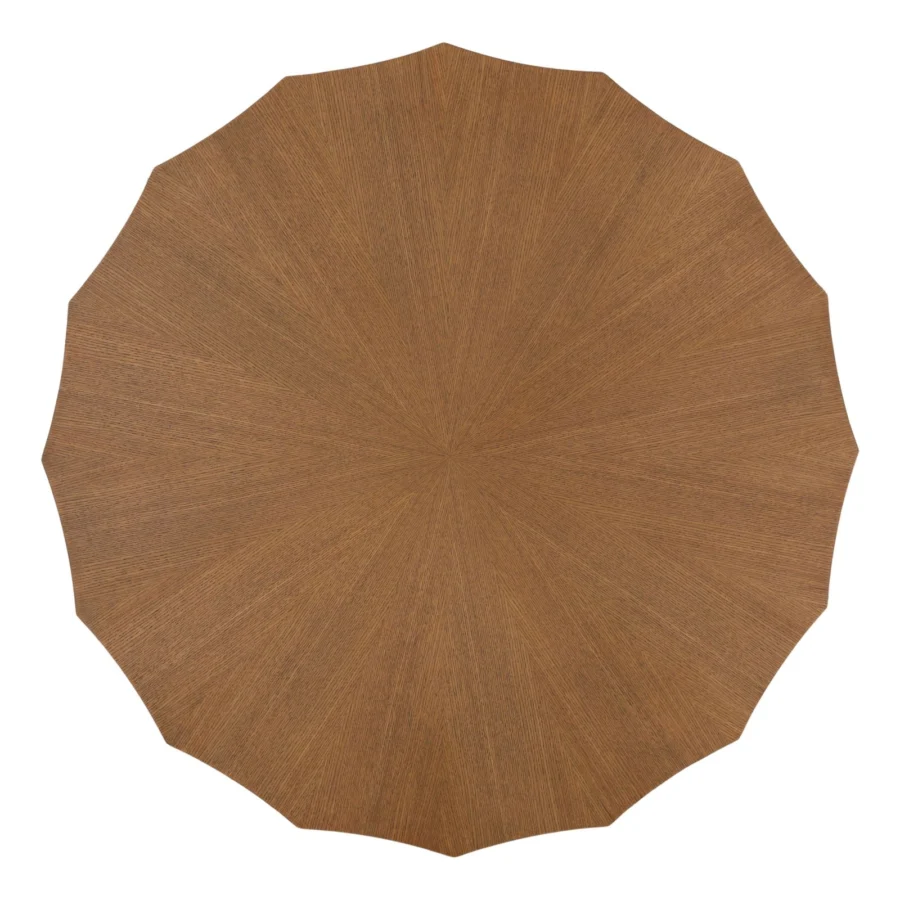 Coffee table by Dovetail in medium brown rubber wood and oak veneer with matte finish and radial sunburst design