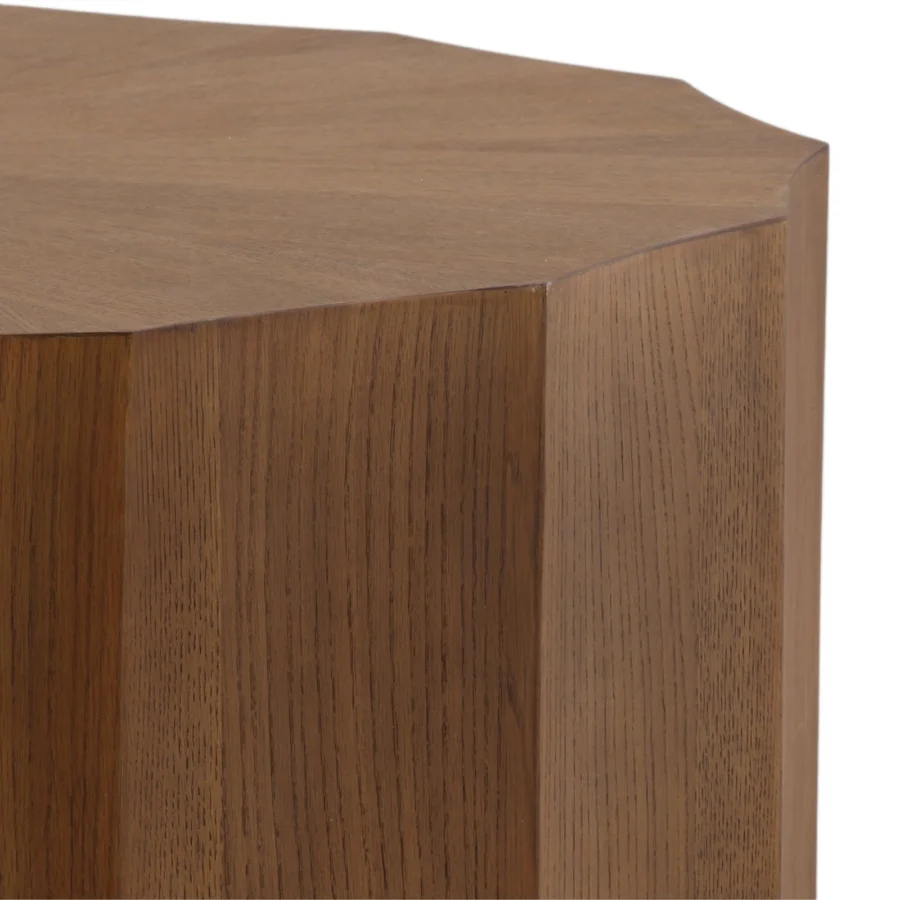 Coffee table by Dovetail Tamsin in medium brown rubber wood and oak veneer with matte finish plus geometric drum structure
