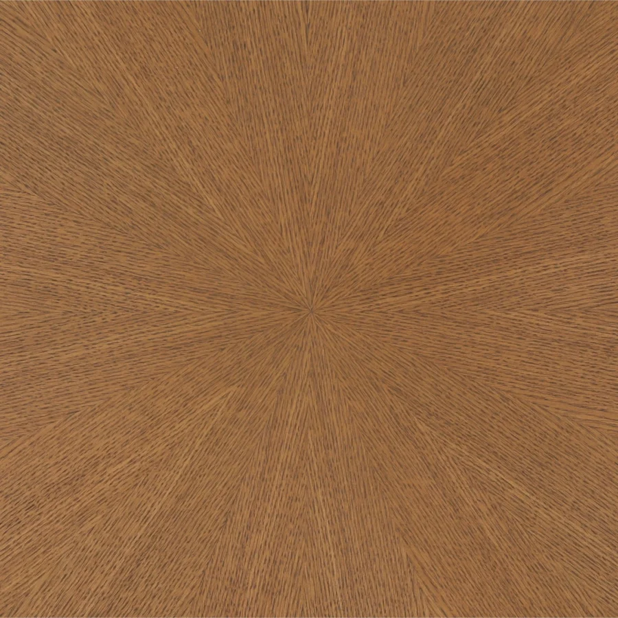 Coffee table by Dovetail in rubber wood and oak veneer with medium brown sunburst pattern and matte finish