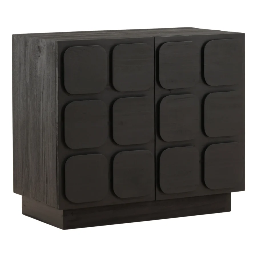 Sideboard by Dovetail in wood with dark matte charcoal black finish, rectangular frame and square panel cabinet doors