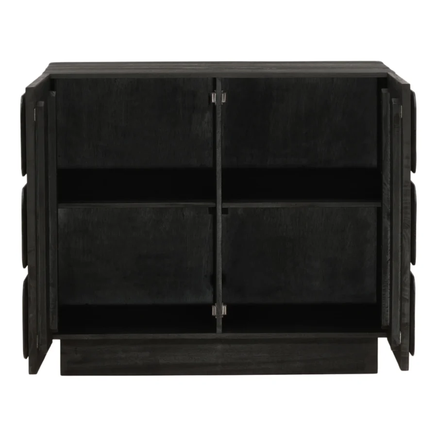 Sideboard by Dovetail in dark charcoal black wood with matte finish, resting on a recessed plinth base