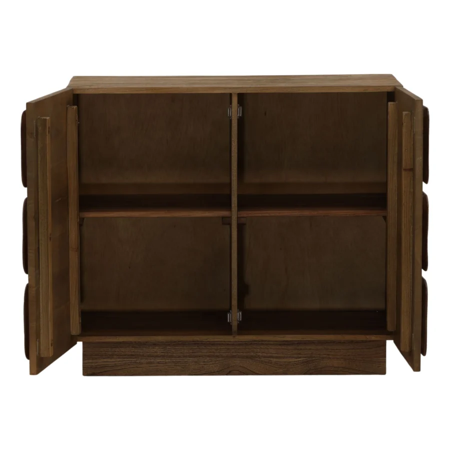 Sideboard by Dovetail in wood with medium brown matte finish, rectangular shape plus natural grain and plinth base detail