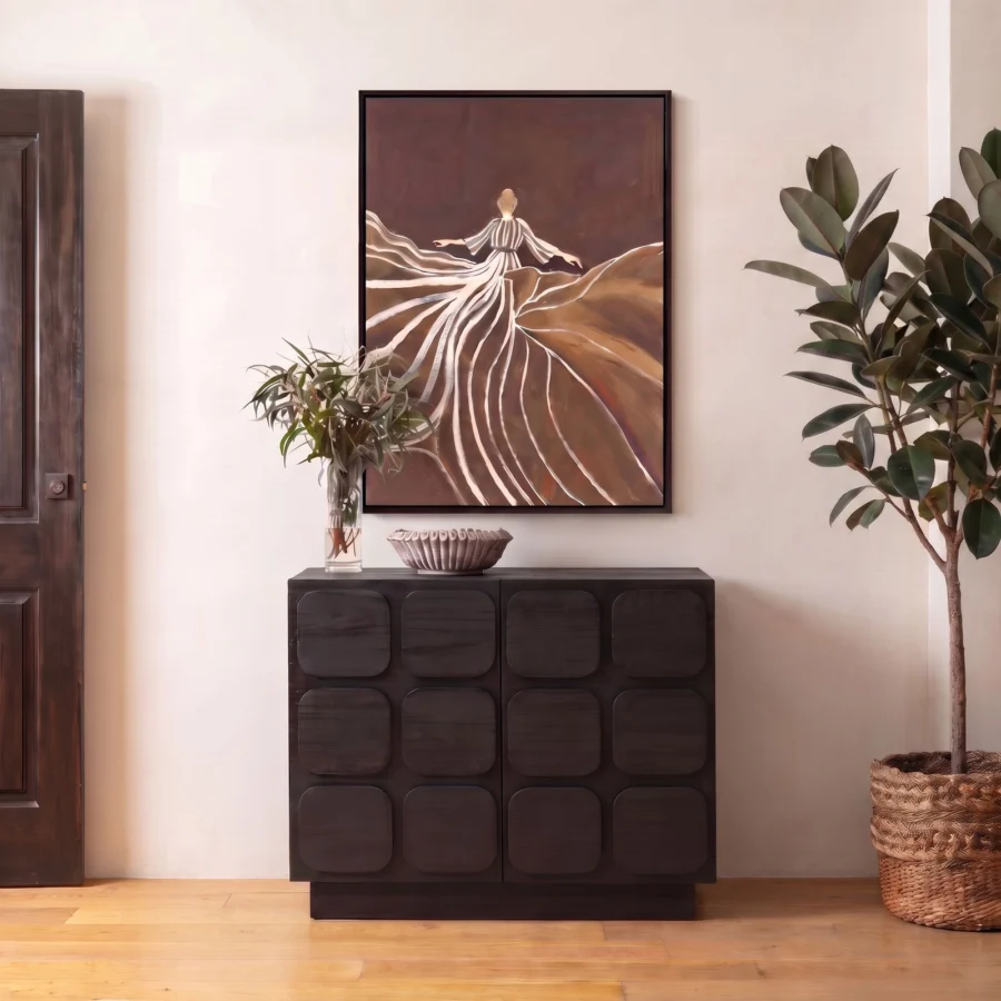 Sideboard by Dovetail Marika built from wood featuring a matte dark finish atop a recessed base with twelve square panels