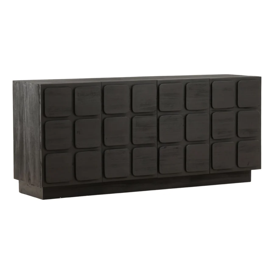 Sideboard by Dovetail Marika built from wood in dark matte finish with visible grain, square panels and recessed plinth