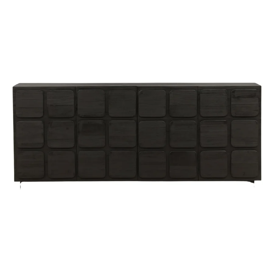Sideboard by Dovetail in wood construction with dark semi gloss finish, low profile rectangular form and four vertical doors
