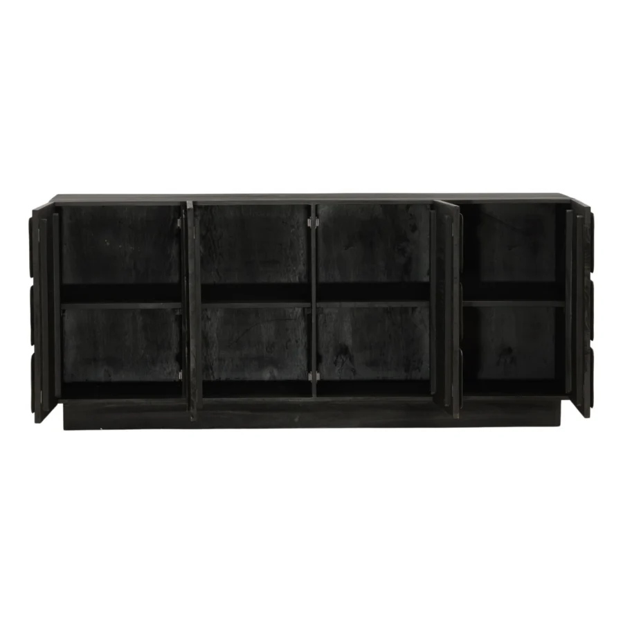 Sideboard by Dovetail in wood with matte black finish, showing natural grain, four cabinet sections and recessed plinth