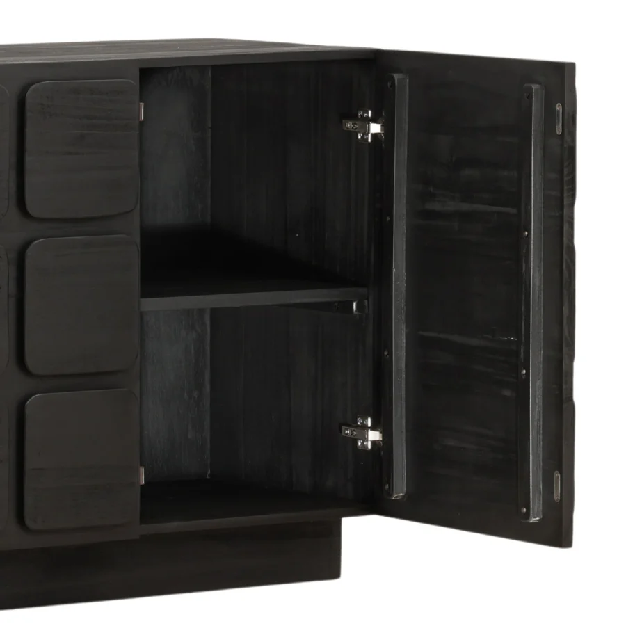 Sideboard by Dovetail Marika in matte black wood with square panel grid front, rounded corners and plinth base interior