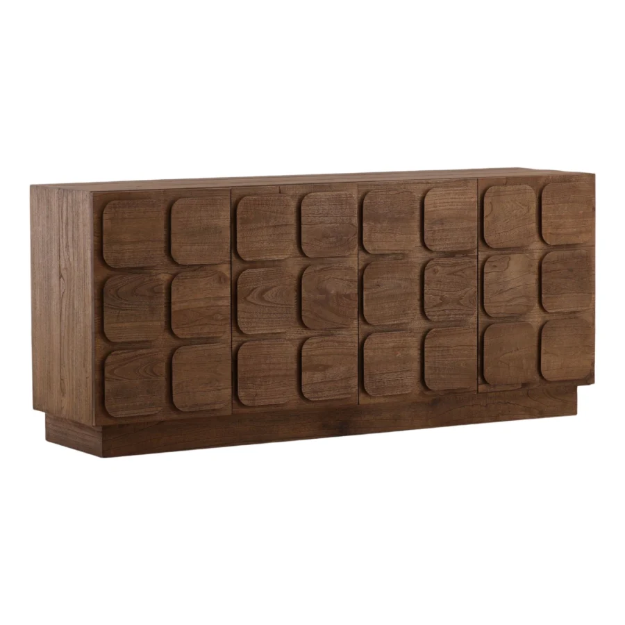 Sideboard by Dovetail in medium brown wood with smooth satin finish and four doors featuring a raised grid pattern over…