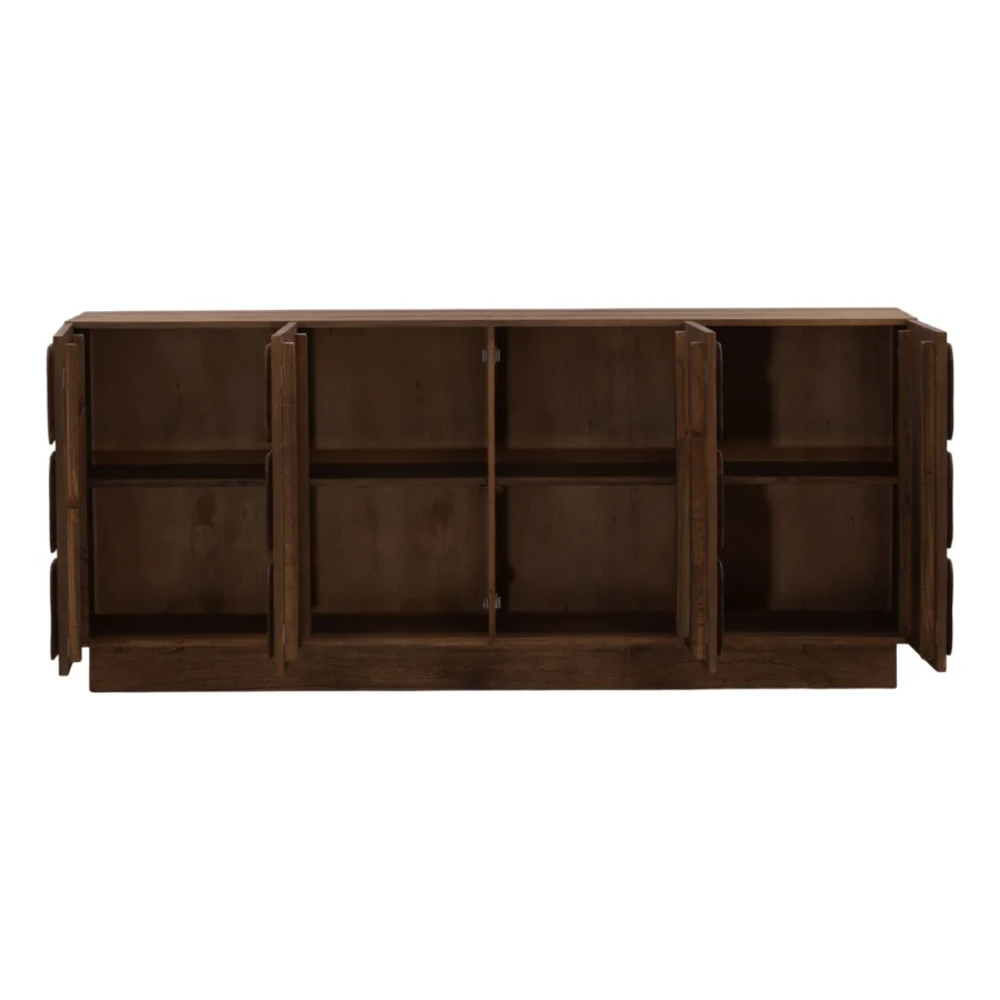Sideboard by Dovetail in wood with medium brown matte finish, visible grain patterns, plinth base plus rounded door motifs