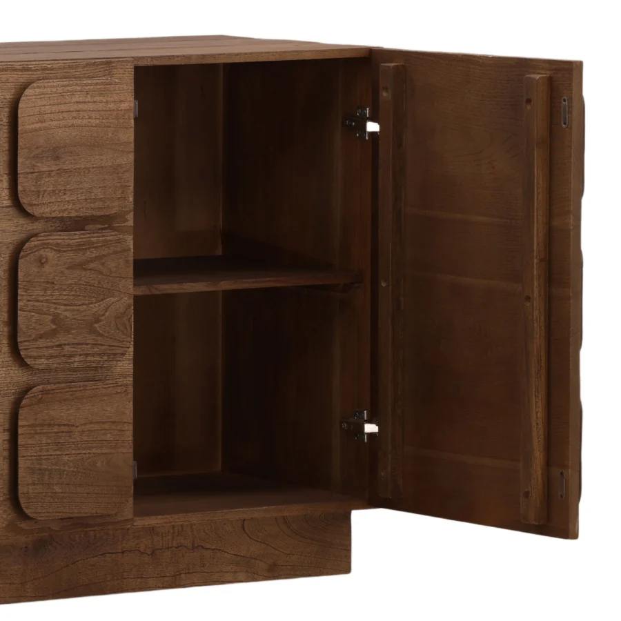 Sideboard by Dovetail in wood with medium brown finish, visible natural grain and layered rounded cabinet door panels