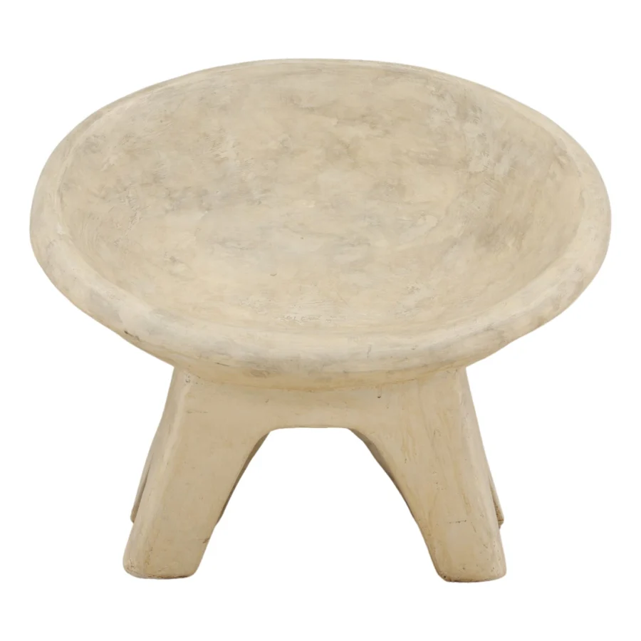 Lounge chair by Dovetail in carved wood with matte distressed off-white finish, bowl shaped seat and outward sloping legs