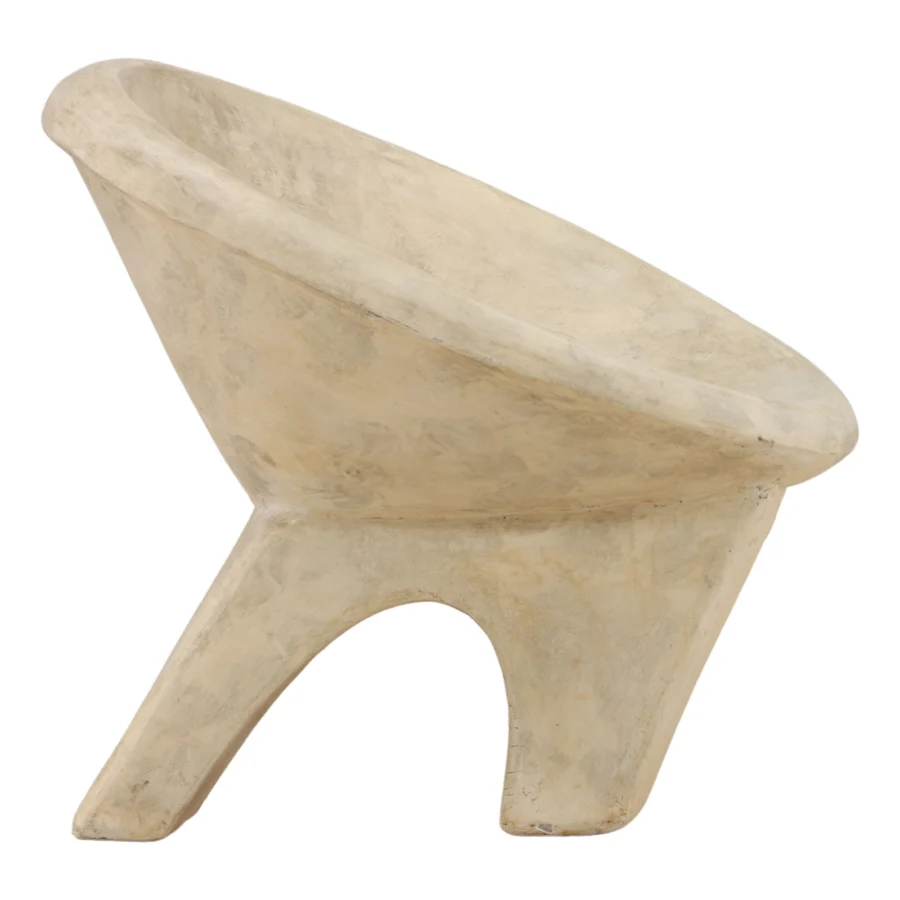 Lounge chair by Dovetail in warm cream with a matte finish and plaster texture, featuring low bowl seat and tripod…