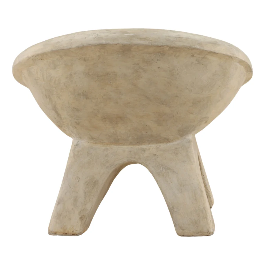 Lounge chair by Dovetail in wood with beige muted tones and dark brownish grey matte distressed finish, low bowl silhouette