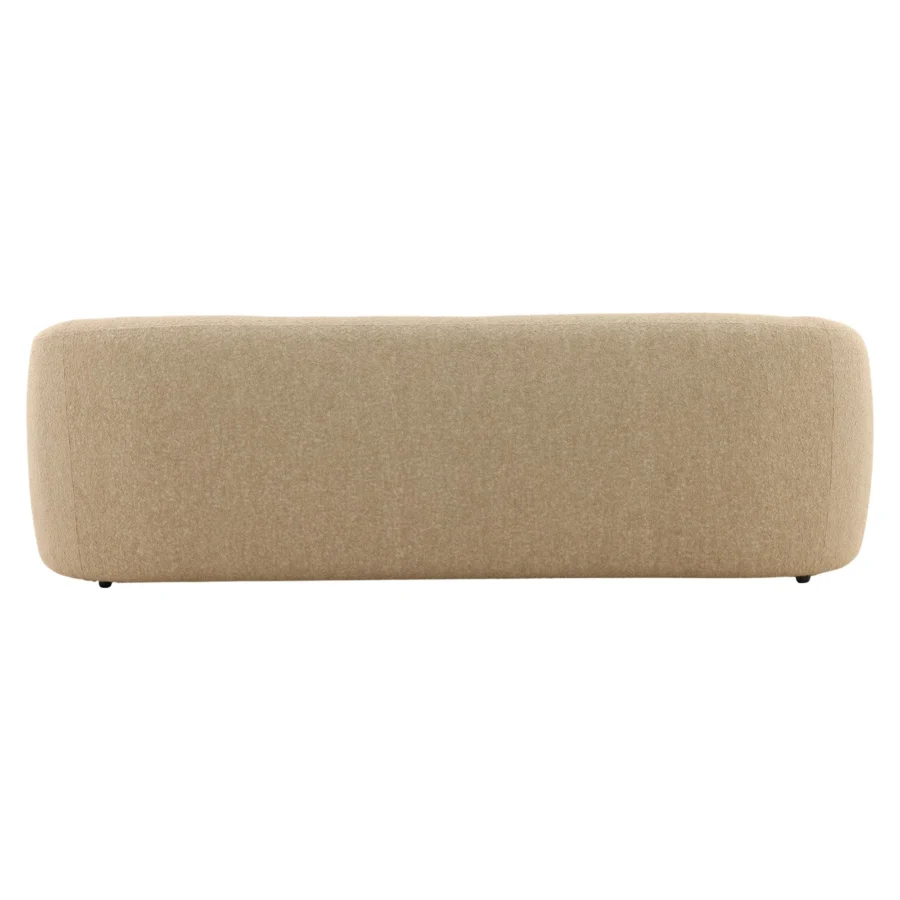 Sofa by Dovetail in light beige bouclé fabric with a low profile rounded silhouette and integrated feet